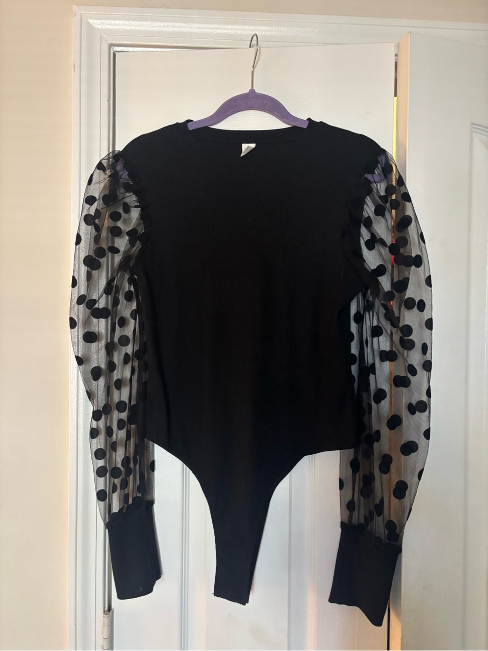 Black Polka Dot Mesh Sleeve Bodysuit with Puff Sleeves - Women